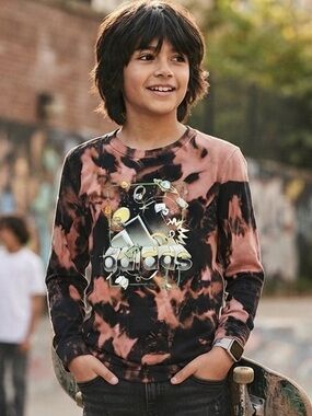 ADIDAS Long Sleeve Graphic Tee M Black Custom Bleach Dyed